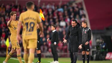 ALMERIA, SPAIN - FEBRUARY 26: Xavi, Head Coach of FC Barcelona, reacts during the LaLiga Santander match between UD Almeria and FC Barcelona at Juegos Mediterraneos on February 26, 2023 in Almeria, Spain. (Photo by Aitor Alcalde/Getty Images)