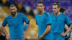 Soccer Football - Champions League Final - Real Madrid Training - NSC Olympic Stadium, Kiev, Ukraine - May 25, 2018   Real Madrid&#039;s Cristiano Ronaldo, Karim Benzema and Gareth Bale during training   REUTERS/Gleb Garanich