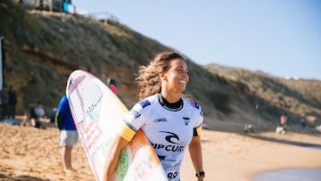 BELLS BEACH, VICTORIA, AUSTRALIA - MARCH 26: Sally Fitzgibbons of Australia prior to surfing in Heat 6 of the Opening Round at the Rip Curl Pro Bells Beach on March 26, 2024 at Bells Beach, Victoria, Australia.