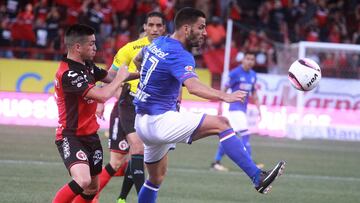 El jugador Damian Musto (i) de Xolos disputa el bal&oacute;n con &Eacute;dgar Mendez (d) del Cruz Azul.