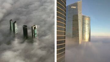Las Cuatro Torres sobresalen en la niebla, Madrid. Fotos: Twitter