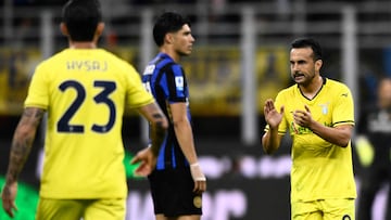 Lazio's Spanish forward #09 Pedro Rodriguez celebrates after scoring a penalty kick during the Italian Serie A football match between Inter Milan and Lazio at San Siro stadium in Milan, on May 18, 2025. (Photo by Nicolo Campo / AFP)