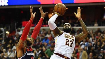 Dec 17, 2017; Washington, DC, USA; Cleveland Cavaliers forward LeBron James (23) shoots over Washington Wizards forward Mike Scott (30) during the first half at Capital One Arena. Mandatory Credit: Brad Mills-USA TODAY Sports