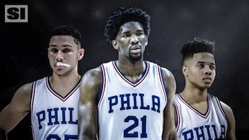 Ben Simmons, Joel Embiid y Markelle Fultz, con la camiseta de los Sixers.