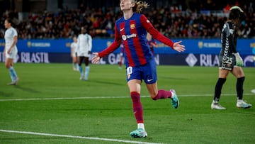 Caroline Graham Hansen celebra un gol con el Barcelona.
BARCELONA FEMENI FC LEVANTE LAS PLANAS
GOL 4-0 GRAHAM HANSEN ALEGRIA