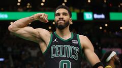 BOSTON, MASSACHUSETTS - MAY 23: Jayson Tatum #0 of the Boston Celtics reacts after a play during the fourth quarter in Game Two of the Eastern Conference Finals against the Indiana Pacers at TD Garden on May 23, 2024 in Boston, Massachusetts. NOTE TO USER: User expressly acknowledges and agrees that, by downloading and or using this photograph, User is consenting to the terms and conditions of the Getty Images License Agreement. (Photo by Maddie Meyer/Getty Images)