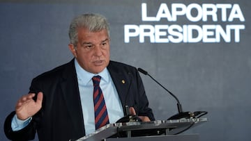 GRAFCAT8567. (), 17/02/2026.- Joan Laporta durante un acto en que ha presentado este martes su candidatura a la reelección como presidente del FC Barcelona con el lema "Defensem el Barça".EFE/ Enric Fontcuberta