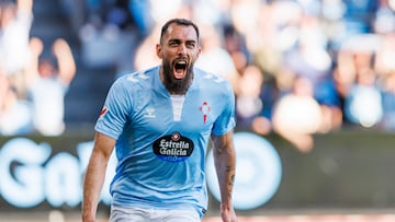 Borja Iglesias celebra el gol anotado ante el Villarreal en Balaídos.