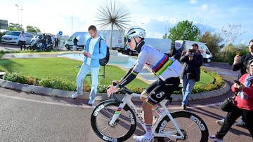 UAE Team Emirate - XRG team's Slovenian rider Tadej Pogacar leaves the hotel to start a training session in Benidorm, eastern Spain, on December 13, 2025. (Photo by Jose JORDAN / AFP)