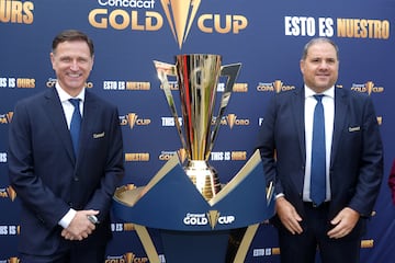 CONCACAF general secretary Philippe Moggio (left) and president Victor Montaglini pose during the CONCACAF Gold Cup Draw
