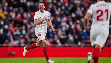 Delaney, tras anotar su primer gol con la camiseta del Sevilla.