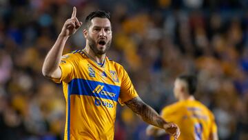 AME1844. MONTERREY (MÉXICO), 03/12/2023.- Andre Gignac de Tigres festeja una anotación hoy, durante el partido de vuelta correspondiente a los cuartos del final del Torneo Apertura 2023 de la Liga MX disputado entre Tigres y Puebla, en el estadio Universitario de la ciudad de Monterrey (México). EFE/ Miguel Sierra