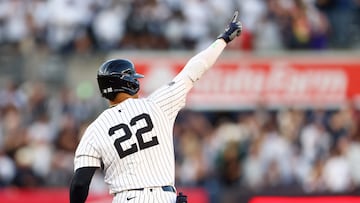 NEW YORK, NEW YORK - AUGUST 21: Juan Soto #22 of the New York Yankees rounds the bases after hitting a first inning two-run home run against the Cleveland Guardians at Yankee Stadium on August 21, 2024 in New York City. Mike Stobe/Getty Images/AFP (Photo by Mike Stobe / GETTY IMAGES NORTH AMERICA / Getty Images via AFP)