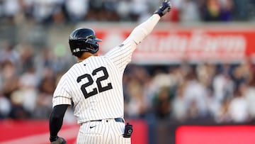 NEW YORK, NEW YORK - AUGUST 21: Juan Soto #22 of the New York Yankees rounds the bases after hitting a first inning two-run home run against the Cleveland Guardians at Yankee Stadium on August 21, 2024 in New York City. Mike Stobe/Getty Images/AFP (Photo by Mike Stobe / GETTY IMAGES NORTH AMERICA / Getty Images via AFP)