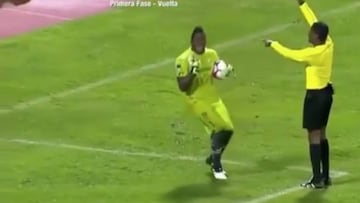 Goalkeeper takes dive after referee touches his shoulder