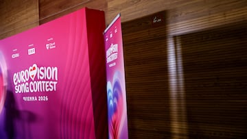 The Eurovision Song Contest logo during a press conference during a media update about the upcoming song contest in Vienna, Austria, December 16, 2025. REUTERS/Lisa Leutner