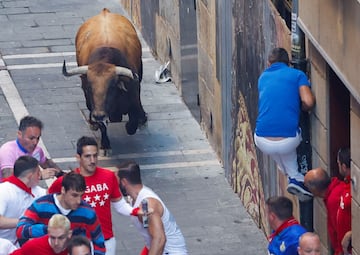 Imágenes del quinto encierro de los Sanfermines 2022 con la ganadería de Cebada Gago. La carrera ha sido complicada y ha dejado varios heridos y caídas.