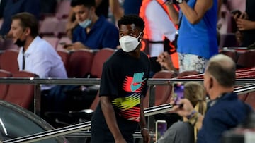 Barcelona's Spanish midfielder Ansu Fati arrives before the UEFA Champions League first round group E football match between Barcelona and Bayern Munich at the Camp Nou stadium in Barcelona on September 14, 2021. (Photo by LLUIS GENE / AFP)
