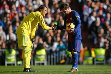 Keylor Navas and Lionel Messi prepare for the Argentine's penalty kick.