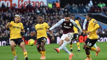 Aston Villa's English midfielder #27 Morgan Rogers shoots wide during the English Premier League football match between Aston Villa and Wolverhampton Wanderers at Villa Park in Birmingham, central England on November 30, 2025. (Photo by Darren Staples / AFP) / RESTRICTED TO EDITORIAL USE. No use with unauthorized audio, video, data, fixture lists, club/league logos or 'live' services. Online in-match use limited to 120 images. An additional 40 images may be used in extra time. No video emulation. Social media in-match use limited to 120 images. An additional 40 images may be used in extra time. No use in betting publications, games or single club/league/player publications. /