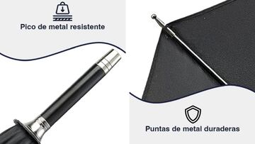 Paraguas grande con pico y puntas de metal duraderas y resistentes disponible en Amazon.