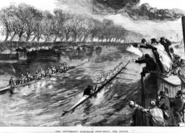 1877, las embarcaciones de Oxford y Cambridge entran a la vez en meta.