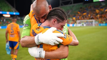 Aug 8, 2024; Austin, Texas, USA; Tigres UANL midfielder Marcelo Flores (24) and goalkeeper Nahuel Guzman (1) celebrate a 1-0 win against Pachuca at Q2 Stadium. Mandatory Credit: Dustin Safranek-USA TODAY Sports