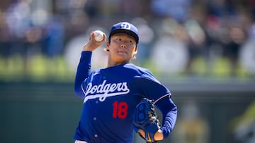 Mar 13, 2024; Phoenix, Arizona, USA; Los Angeles Dodgers pitcher Yoshinobu Yamamoto against the Seattle Mariners during a spring training game at Camelback Ranch-Glendale. Mandatory Credit: Mark J. Rebilas-USA TODAY Sports