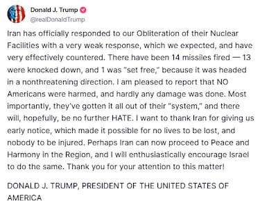 La reaccin de Trump al ataque de Irn a bases estadounidenses: Fue una respuesta muy dbil 