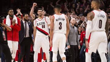 May 9, 2019; Portland, OR, USA; Portland Trail Blazers center Enes Kanter (00) celebrates with teammates after the game against the Denver Nuggets in game six of the second round of the 2019 NBA Playoffs at Moda Center. Mandatory Credit: Troy Wayrynen-USA TODAY Sports