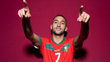 DOHA, QATAR - NOVEMBER 15: Hakim Ziyech of Morocco poses during the official FIFA World Cup Qatar 2022 portrait session on November 15, 2022 in Doha, Qatar. (Photo by Oliver Hardt - FIFA/FIFA via Getty Images)