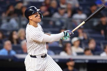 NEW YORK, NEW YORK - AUGUST 21: Aaron Judge #99 of the New York Yankees hits a 2-run home run in the third inning against the Cleveland Guardians at Yankee Stadium on August 21, 2024 in New York City.   Mike Stobe/Getty Images/AFP (Photo by Mike Stobe / GETTY IMAGES NORTH AMERICA / Getty Images via AFP)