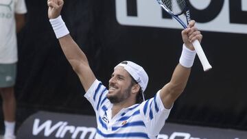 Spain&#039;s Feliciano Lopez celebrates after winning his semifinal match against Germany&#039;s Mischa Zverev at the ATP Mercedes Cup tennis tournament in Stuttgart, southwestern Germany, on June 17, 2017.   / AFP PHOTO / THOMAS KIENZLE
