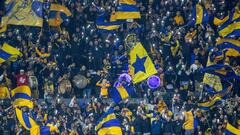Tigres' fans cheer for their team during their Mexican Apertura 2023 tournament football match against Pumas, in Universitario stadium in Monterrey, Mexico, on December 10, 2023. (Photo by Julio Cesar AGUILAR / AFP)
