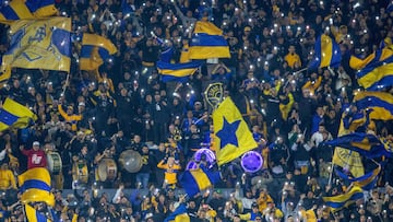 Tigres' fans cheer for their team during their Mexican Apertura 2023 tournament football match against Pumas, in Universitario stadium in Monterrey, Mexico, on December 10, 2023. (Photo by Julio Cesar AGUILAR / AFP)