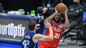 Apr 12, 2021; Dallas, Texas, USA; Philadelphia 76ers center Joel Embiid (21) shoots over Dallas Mavericks forward Maxi Kleber (42) during the second half at the American Airlines Center. Mandatory Credit: Jerome Miron-USA TODAY Sports
