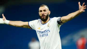 Karim Benzema of Real Madrid celebrates a goal during the spanish league, La Liga Santander, football match played between Real Madrid and RCD Mallorca at Santiago Bernabeu stadium on September 22, 2021, in Madrid, Spain.
 AFP7 
 22/09/2021 ONLY FOR USE I
