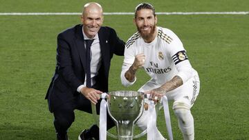 16/07/20  PARTIDO PRIMERA DIVISION 
 CORONAVIRUS COVID19 
 REAL MADRID - VILLARREAL 
 ALEGRIA CELEBRACION CAMPEON DE  LIGA  COPA TROFEO ZINEDINE ZIDANE SERGIO RAMOS