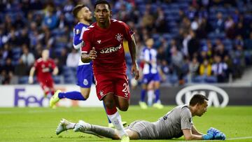 PORTO, PORTUGAL - OCTOBER 24: Alfredo Morelos of Rangers FC celebrates after scoring his team's first goal during the UEFA Europa League group G match between FC Porto and Rangers FC at Estadio do Dragao on October 24, 2019 in Porto, Portugal. (Photo by Octavio Passos/Getty Images)