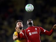 Liverpool's French defender #05 Ibrahima Konate battles for the ball with Wolverhampton Wanderers' English forward #09 Adam Armstrong during the English Premier League football match between Wolverhampton Wanderers and Liverpool at the Molineux stadium in Wolverhampton, central England on March 3, 2026. (Photo by Darren Staples / AFP) / RESTRICTED TO EDITORIAL USE. No use with unauthorized audio, video, data, fixture lists, club/league logos or 'live' services. Online in-match use limited to 120 images. An additional 40 images may be used in extra time. No video emulation. Social media in-match use limited to 120 images. An additional 40 images may be used in extra time. No use in betting publications, games or single club/league/player publications. /