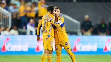 Angel Correa celebrates his goal 1-1 with Fernando Gorriaran of Tigres during the match between Inter Miami and Tigres UANL as part of Quarter-Final of the Leagues Cup 2025 at Chase Stadium on August 20, 2025 in Miami, Florida, United States.
