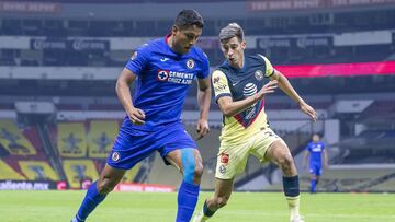 (L-R) Luis Romo of Cruz Azul and Mauro lainez of America during the game America vs Cruz Azul, corresponding to the 15th round match of the Torneo Guard1anes Clausura 2021 of the Liga BBVA MX, at Azteca Stadium, on April 17, 2021.
<br><br>
(I-D), Luis Romo de Cruz Azul y Mauro lainez de America durante el partido America vs Cruz Azul, correspondiente a la Jornada 15 del Torneo Clausura Guard1anes 2021 de la Liga BBVA MX, en el Estadio Azteca, el 15 de Abril de 2021.