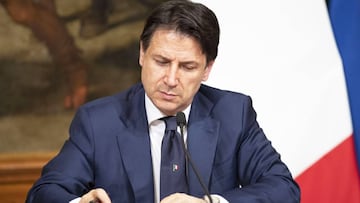 Rome (Italy), 13/05/2020.- A handout photo made available by the Chigi Palace Press Office shows Italian Prime Minister, Giuseppe Conte, attending a press conference during a break of the Cabinet for the "Relaunch" Law Decree (dl Rilancio) at the Chigi Palace in Rome, Italy, 13 May 2020. (Italia, Roma) EFE/EPA/FILIPPO ATTILI / HANDOUT HANDOUT EDITORIAL USE ONLY/NO SALES
