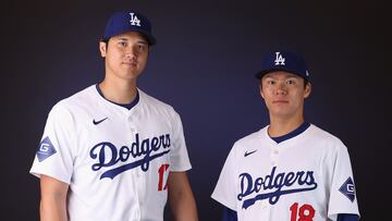 GLENDALE, ARIZONA - FEBRUARY 21: Shohei Ohtani #17 and Yoshinobu Yamamoto #18 of the Los Angeles Dodgers pose for a portrait during photo day at Camelback Ranch on February 21, 2024 in Glendale, Arizona.   Christian Petersen/Getty Images/AFP (Photo by Christian Petersen / GETTY IMAGES NORTH AMERICA / Getty Images via AFP)