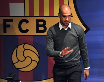 Barcelona's coach Josep Guardiola gives a press conference in Barcelona on April 27, 2012.