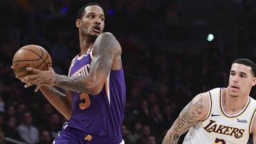 Dec 2, 2018; Los Angeles, CA, USA; Phoenix Suns forward Trevor Ariza (3) looks for a teammate to pass off to as he drives past Los Angeles Lakers guard Lonzo Ball (2) during the first quarter at Staples Center. Mandatory Credit: Robert Hanashiro-USA TODAY Sports