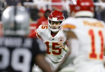 Kansas City Chiefs quarterback Patrick Mahomes in action against the Las Vegas Raiders.