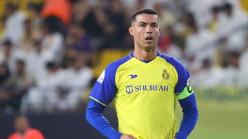 Nassr's Portuguese forward Cristiano Ronaldo looks on during the Saudi Pro League football match between Al-Nassr and Al-Khaleej at the al-Awwal Park Stadium in the Saudi capital Riyadh on May 8, 2023. (Photo by Fayez NURELDINE / AFP)