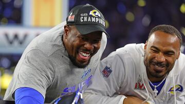 INGLEWOOD, CALIFORNIA - FEBRUARY 13: Robert Woods celebrates with Von Miller #40 of the Los Angeles Rams after Super Bowl LVI at SoFi Stadium on February 13, 2022 in Inglewood, California. The Los Angeles Rams defeated the Cincinnati Bengals 23-20.   Kevin C. Cox/Getty Images/AFP
== FOR NEWSPAPERS, INTERNET, TELCOS & TELEVISION USE ONLY ==