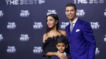 Real Madrid's Cristiano Ronaldo, his son Cristiano Ronaldo Jr and Georgina Rodriguez arrive at the ceremony.